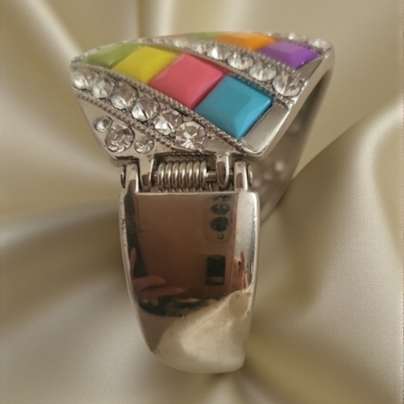 Y2K Multicolor Tile Rhinestone Hinged Cuff Bracelet | Statement Jewelry - Picture 7 of 7